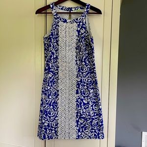 JADE BY MELODY TAM Blue & White Cocktail Dress Tropical Print M Medium